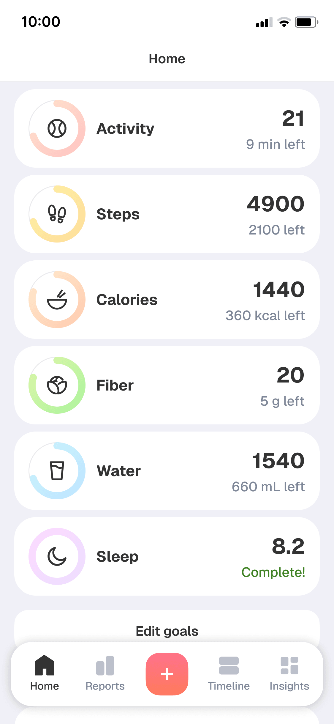 Biolink daily goals list with personalized activity, nutrition, hydration, and sleep targets