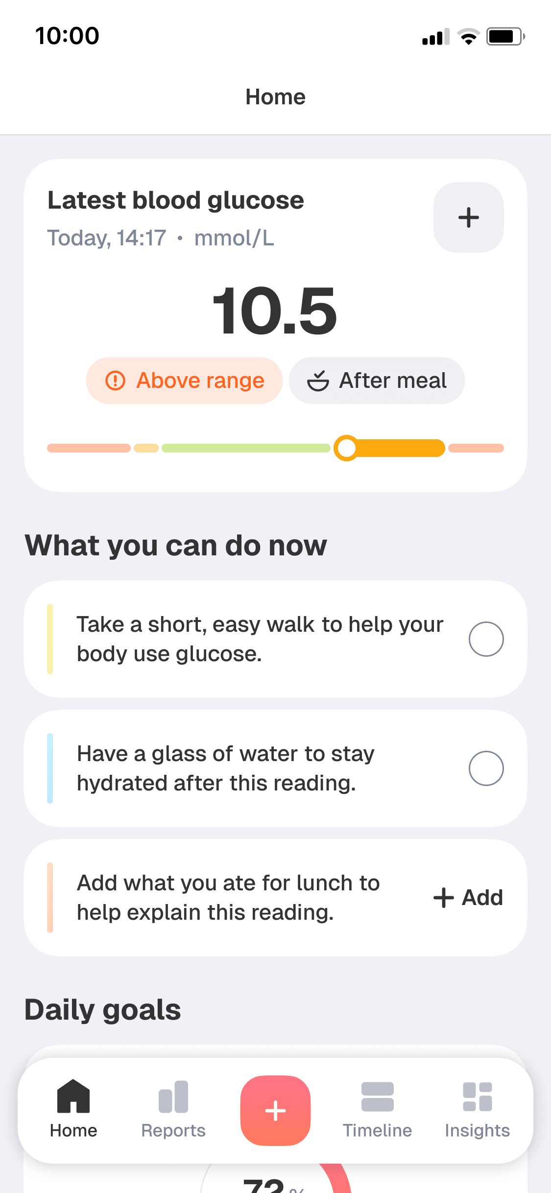 Biolink guidance screen with suggested actions for an above-range glucose reading