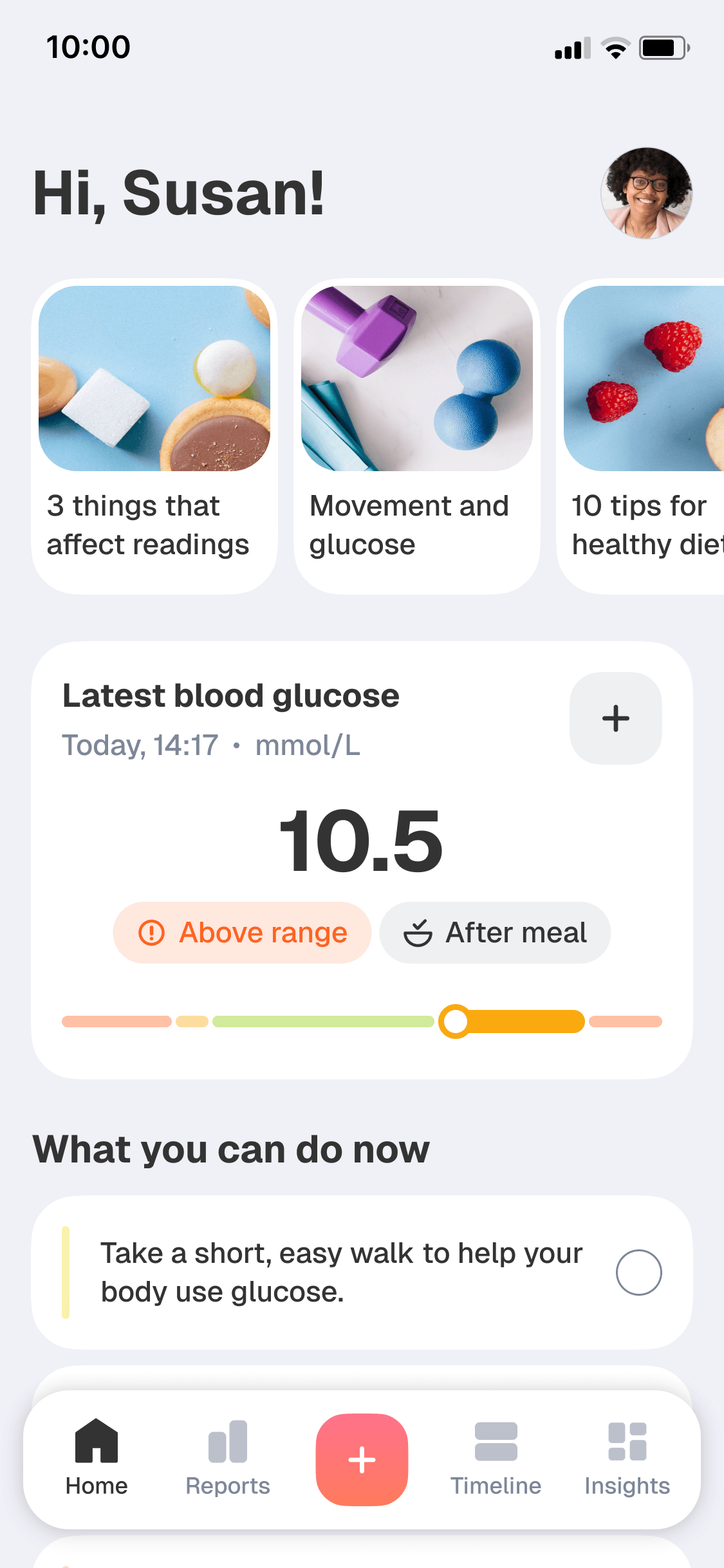 Biolink home screen showing an above-range glucose reading and suggested next step