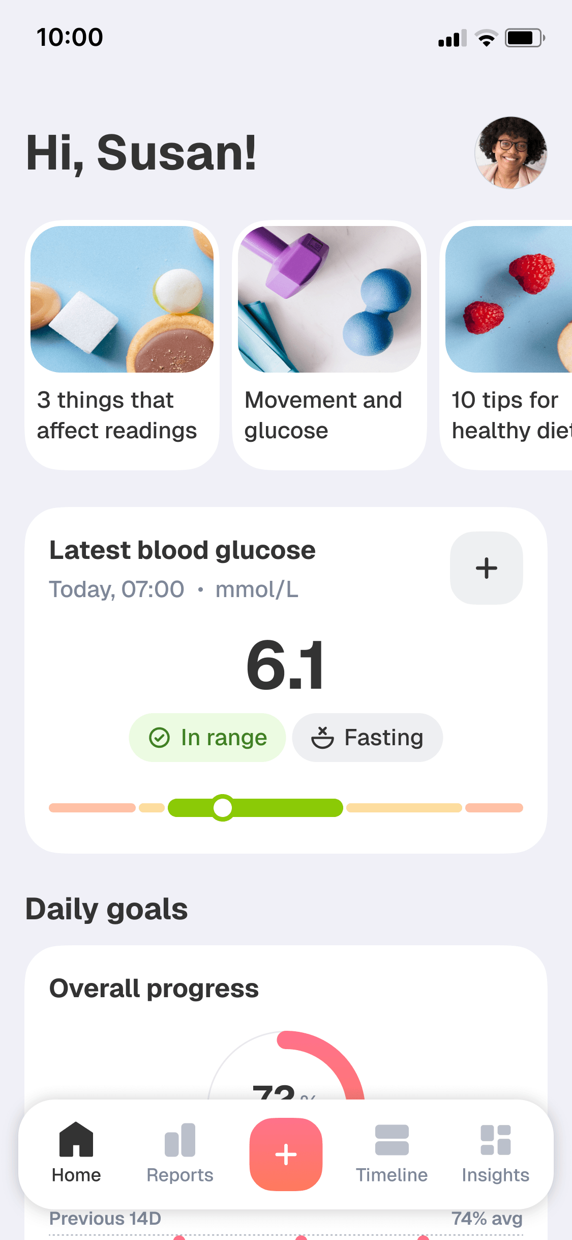 Biolink home screen showing an in-range latest glucose reading