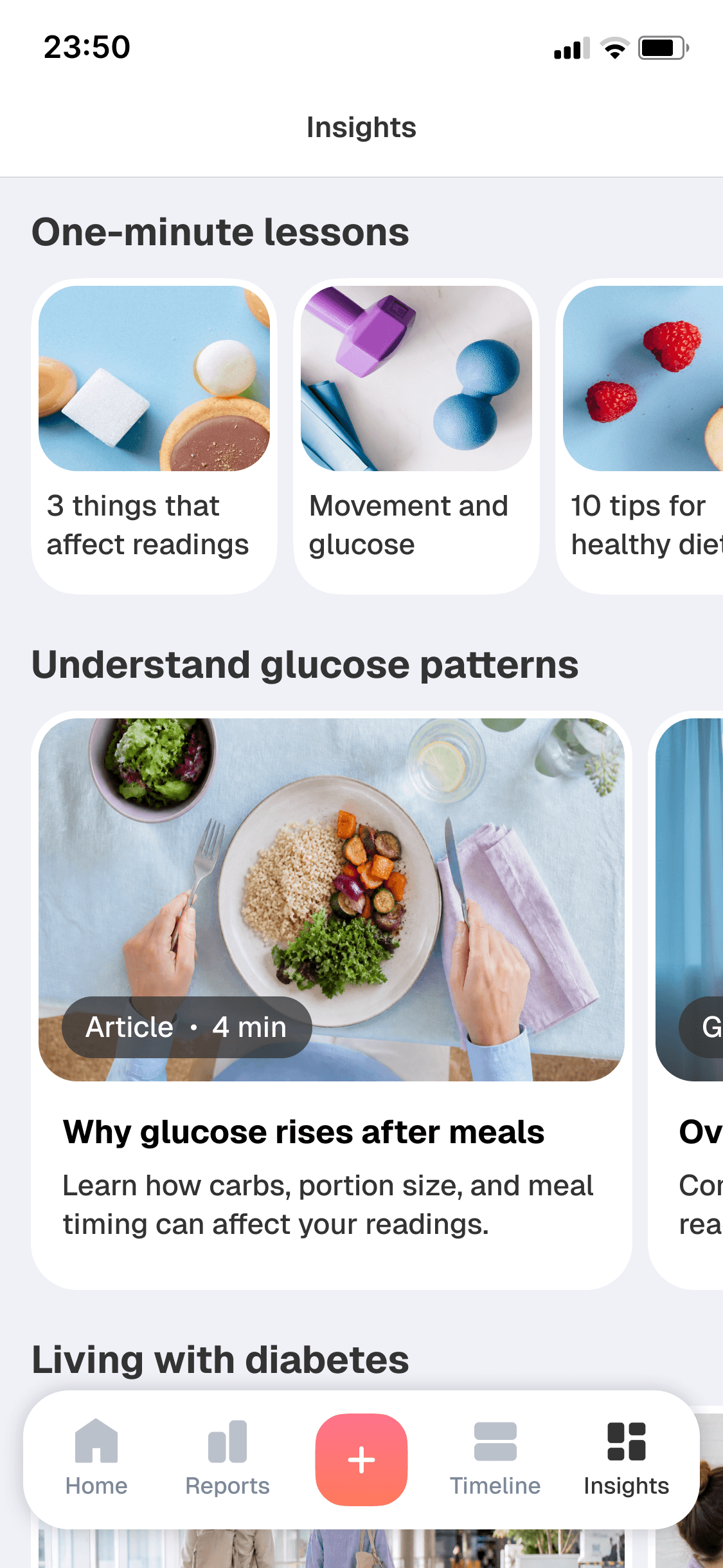 Biolink Insights library organized around glucose patterns and everyday life with diabetes
